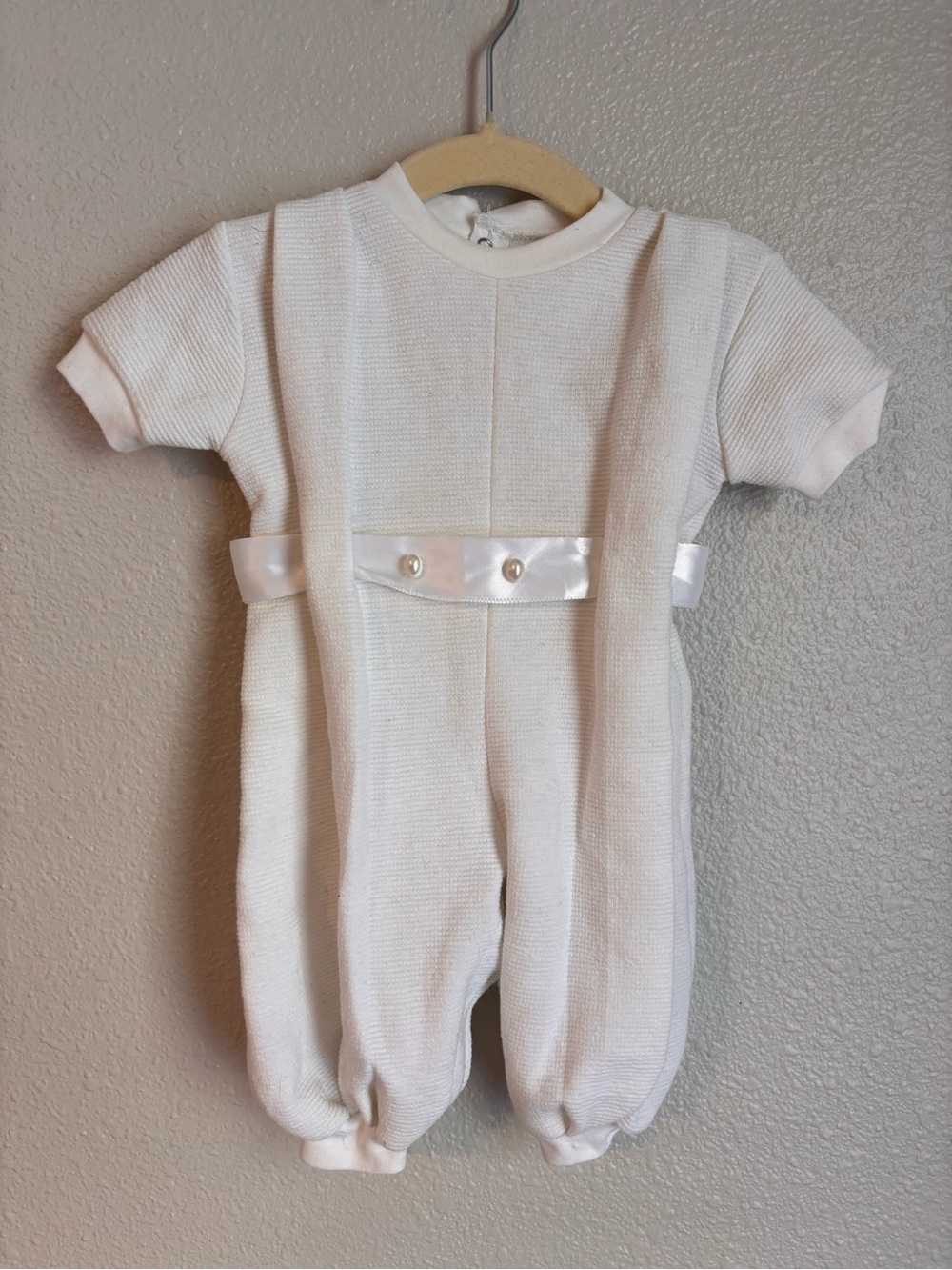 Classic White Knit Baby One-Piece with Satin Waistband